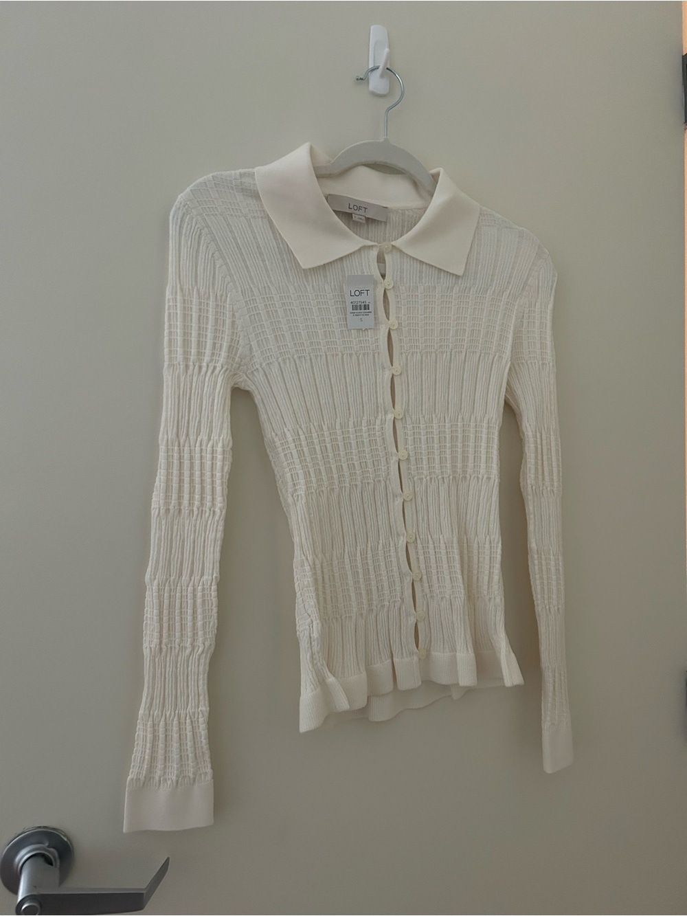 LOFT Ivory Collared Button-Front Ribbed Cardigan